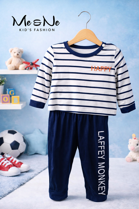 Kids Casual Striped Long Sleeve Set with Navy Pants, Boys Girls Long Sleeve Top and Pants, sleepwear, pyjama set